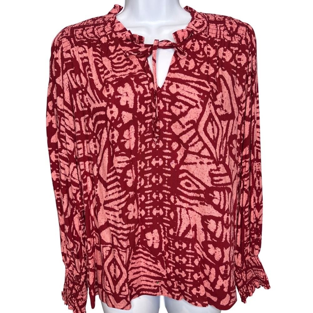 Willa Story Womens Burgundy Pink Abstract Boho Blouse XS Excellent Smocked Tie